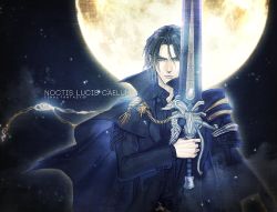 Rule 34 | 1boy, armor, black cloak, black hair, black jacket, black shirt, blue eyes, character name, cloak, closed mouth, final fantasy, final fantasy xv, full moon, gold trim, hair between eyes, holding, holding sword, holding weapon, jacket, long sleeves, looking at viewer, male focus, moon, night, night sky, noctis lucis caelum, open collar, serious, shirt, short hair, shoulder armor, sky, solo, sword, upper body, weapon, yui (nightflight)