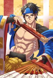 Rule 34 | 1boy, abs, black hair, blue headband, fingerless gloves, glasses, gloves, guilty gear, guilty gear strive, hand fan, headband, highres, japanese clothes, kamata (etoileazuki), kimono, long sleeves, looking at viewer, male focus, mito anji, multicolored clothes, multicolored kimono, muscular, muscular male, orange eyes, pince-nez, short hair, smile