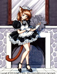 Rule 34 | 1girl, animal ears, apron, bewildered, black dress, black footwear, blue eyes, brown hair, cat ears, cat girl, cat tail, dress, duster, feather duster, fingerless gloves, fireplace, gloves, hat, high heels, holding, looking at viewer, maid, maid apron, maid headdress, mirror, puffy sleeves, shoes, short sleeves, standing, tail, white apron, white gloves