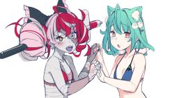 Rule 34 | 2girls, ahoge, animal ears, bandages, bikini, blue bikini, bow, brown eyes, cat ears, double bun, fangs, flat chest, green eyes, green hair, grey hair, hair bobbles, hair bow, hair bun, hair ornament, heterochromia, highres, holding hands, hololive, hololive indonesia, interlocked fingers, kureiji ollie, mismatched pupils, multicolored hair, multiple girls, object through head, open mouth, patchwork skin, raised eyebrows, red bikini, red hair, smile, stitched face, stitches, swimsuit, sword in head, tenbin gashira, unfinished, uruha rushia, virtual youtuber, yellow eyes, zombie