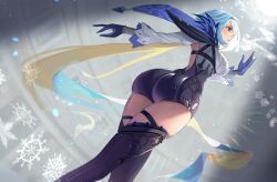 Rule 34 | 1girl, ass, blue hair, breasts, capelet, eula (genshin impact), feet out of frame, from below, genshin impact, gloves, highres, huge ass, large breasts, leotard, long sleeves, medium hair, profile, purple eyes, remirii, ribbed leotard, snow, snowflakes, solo, thighhighs