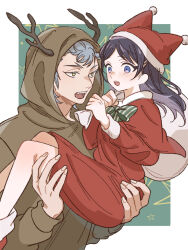 Rule 34 | 1boy, 1girl, animal costume, black hair, blue eyes, bow, capelet, carrying, dress, eye contact, fake antlers, grey hair, hat, hetero, highres, holding, holding sack, hood, hood up, long hair, looking at another, miyao nemu, princess carry, red dress, reindeer costume, sack, santa hat, standing, witch watch, wolf (witch watch), yoshitaka (palooo)