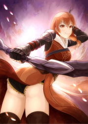 Rule 34 | 1girl, armor, arrow (projectile), ass, black panties, black thighhighs, bow, bow (weapon), breasts, cosplay, female focus, fire emblem, fire emblem: three houses, from behind, gloves, hair between eyes, holding, holding bow (weapon), holding weapon, jeralt reus eisner, jeralt reus eisner (cosplay), leonie pinelli, looking at viewer, low ponytail, matching hair/eyes, medium breasts, nintendo, orange eyes, orange hair, panties, ponytail, ryuusaki rei, short hair with long locks, side ponytail, smile, solo, strap, thighhighs, underwear, upskirt, weapon