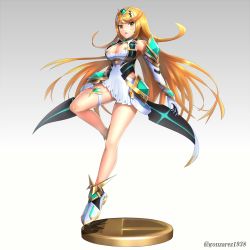 Rule 34 | 1girl, armor, blonde hair, breasts, chest jewel, cleavage, cleavage cutout, clothing cutout, dress, full body, gloves, gonzarez, highres, jewelry, large breasts, long hair, looking at viewer, mythra (xenoblade), nintendo, simple background, solo, super smash bros., swept bangs, thigh strap, trophy, very long hair, xenoblade chronicles (series), xenoblade chronicles 2, yellow eyes