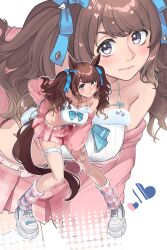 Rule 34 | 1girl, absurdres, alternate costume, animal ears, argyle clothes, argyle socks, bag, bare shoulders, blue bow, blush, bow, breasts, brown hair, cleavage, closed mouth, commentary request, ear bow, ear ornament, fishnet thighhighs, fishnets, full body, fuyukayui, hand on own leg, handbag, heart, highres, horse ears, horse girl, horse tail, jacket, jacket partially removed, large breasts, looking at viewer, loose socks, pink jacket, pink skirt, purple eyes, shoes, simple background, skirt, sneakers, socks, solo, tail, tank top, thighhighs, tosen jordan (umamusume), twintails, umamusume, white background, white bag, white tank top, white thighhighs, zoom layer