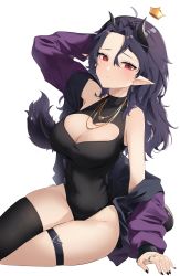 Rule 34 | 1girl, absurdres, ahoge, arm up, armpits, bare shoulders, black hair, black leotard, black thighhighs, breasts, cleavage, cleavage cutout, clothing cutout, covered navel, crown, demon girl, demon horns, frown, heart cutout, highres, horns, indie virtual youtuber, jacket, jewelry, large breasts, leotard, long hair, looking at viewer, mini crown, nail polish, necklace, off shoulder, open clothes, open jacket, pointy ears, purple jacket, red eyes, ring, single thighhigh, sitting, solo, steeb, thigh strap, thighhighs, thighs, virtual youtuber