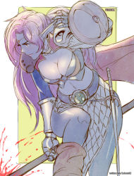 Rule 34 | 1girl, absurdres, armor, bikini armor, blue skin, breasts, chinese commentary, cleavage, colored skin, commentary, commentary request, commission, commissioner upload, dark elf, earrings, elf, highres, jewelry, long hair, mixed-language commentary, navel, pointy ears, rejean dubois, sega, shining (series), solo, warrior, weapon