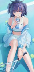 Rule 34 | 1girl, absurdres, ball, bare shoulders, blue archive, blue eyes, blue jacket, bottle, breasts, closed mouth, drink, feet out of frame, halo, highres, holding, holding bottle, holding racket, jacket, koseikogani, long hair, long sleeves, looking at viewer, midriff, off shoulder, purple hair, racket, shadow, sitting, skirt, small breasts, solo, sports bra, tennis ball, tennis racket, two side up, water bottle, white skirt, yuuka (blue archive)