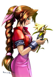 Rule 34 | 1990s (style), 1girl, aerith gainsborough, brown hair, female focus, final fantasy, final fantasy vii, flower, green eyes, looking down, smile, solo