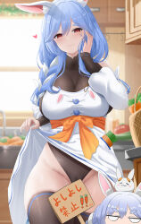 Rule 34 | 2girls, animal ear fluff, animal ears, black leotard, black thighhighs, blue hair, blue nails, blush, bow, braid, braided ponytail, breasts, carrot in pocket, cleavage, clothes lift, cyicheng, dress, dress lift, hair bow, hair over shoulder, hand on own face, heart, holding, holding sign, hololive, large breasts, leotard, leotard under clothes, lifting own clothes, long hair, looking at viewer, mature female, mother and daughter, multicolored hair, multiple girls, nail polish, pekomama, pekomon (usada pekora), rabbit ears, rabbit girl, red eyes, sign, streaked hair, thighhighs, usada pekora, virtual youtuber, white bow, white dress, white hair