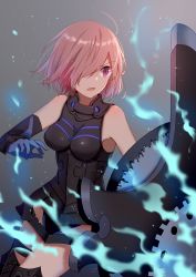 Rule 34 | 1girl, armor, black background, breasts, fate/grand order, fate (series), gloves, gradient background, hair over one eye, highres, light purple hair, mash kyrielight, medium breasts, mimengfeixue, open mouth, purple eyes, shield, short hair, solo