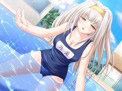 Rule 34 | 1girl, breasts, cleavage, dutch angle, game cg, hairband, half-closed eyes, inakoi, kujou hiina, large breasts, long hair, name tag, non-web source, one-piece swimsuit, pool, pool ladder, school swimsuit, solo, swimsuit, tenmaso, wading, water, white hair, yellow eyes