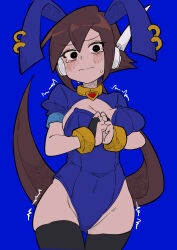 Rule 34 | 1girl, absurdres, aile (mega man zx), animal ears, black eyes, black thighhighs, blue background, blue jacket, blue leotard, blush, breasts, brown hair, buzzlyears, cleavage, covered navel, cowboy shot, cropped jacket, fake animal ears, highres, jacket, large breasts, leotard, long hair, mega man (series), mega man zx, mega man zx advent, motion lines, playboy bunny, ponytail, rabbit ears, robot ears, simple background, solo, tears, thighhighs, trembling