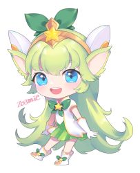 Rule 34 | alternate costume, alternate hair color, alternate hairstyle, blue eyes, gloves, green hair, league of legends, lulu (league of legends), magical girl, pix (league of legends), pointy ears, staff, star guardian (league of legends), star guardian lulu, yordle
