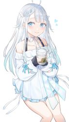 Rule 34 | 1girl, ahoge, amatsuka uto, angel wings, bare shoulders, blue eyes, blue hair, blush, coffee, coffee cup, colored tips, cup, detached sleeves, disposable cup, dress, gurina, hair ornament, hairclip, halter dress, halterneck, heart, highres, indie virtual youtuber, layered dress, long hair, looking at viewer, multicolored hair, off-shoulder dress, off shoulder, ribbon, simple background, smile, solo, thighs, twintails, virtual youtuber, wings