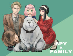 Rule 34 | 1boy, 2girls, animal, anya (spy x family), artist request, black hair, blonde hair, blush, bond (spy x family), child, dog, father and daughter, green background, green eyes, highres, long hair, looking at viewer, medium hair, mother and daughter, multiple girls, pink hair, red eyes, red sweater, short hair, smile, solo, spy x family, sweater, twilight (spy x family), white dog, yor briar