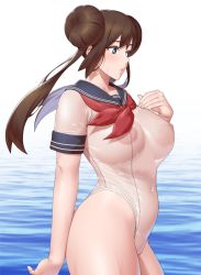 Rule 34 | 1girl, alternate costume, blue eyes, blush, breasts, brown hair, commentary, covered erect nipples, covered navel, cowboy shot, creatures (company), double bun, from side, game freak, hair bun, hand on own chest, highleg, highleg swimsuit, large breasts, long hair, nintendo, nipples, ocean, one-piece swimsuit, parted lips, pokemon, pokemon bw2, red neckwear, rosa (pokemon), sailor collar, see-through, short sleeves, simple background, skin tight, solo, sungpark, swimsuit, thighs, twintails, wading, wet, wet clothes, white background, white one-piece swimsuit