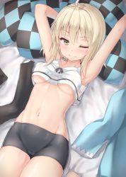 Rule 34 | 1girl, ahoge, arm behind head, armpits, arms up, bare arms, bare shoulders, bed sheet, bike shorts, blonde hair, blush, breasts, camisole, checkered pillow, unworn clothes, commentary, crop top, crop top overhang, fate (series), groin, hair between eyes, haori, highres, japanese clothes, koha-ace, looking at viewer, lying, medium breasts, midriff, navel, no panties, okita souji (fate), okita souji (koha-ace), on back, on bed, one eye closed, pillow, reinama, shinsengumi, skin tight, solo, stomach, thighs, underboob, yellow eyes