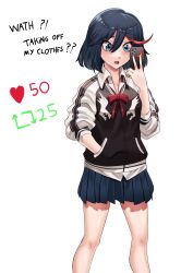 Rule 34 | 1girl, black hair, black jacket, blue eyes, blue skirt, blush, bob cut, bow, bowtie, breasts, cellphone, collared shirt, commentary, commentary typo, dress shirt, english commentary, english text, feet out of frame, hair between eyes, hand in pocket, hand up, heart, highres, holding, holding phone, jacket, kill la kill, letterman jacket, like and retweet, long sleeves, looking at object, looking at phone, matoi ryuuko, medium breasts, meme, multicolored hair, neck ribbon, nico-mo, open mouth, phone, pleated skirt, raglan sleeves, red bow, red bowtie, red hair, red ribbon, ribbon, school uniform, shirt, short hair, simple background, skirt, smartphone, solo, standing, streaked hair, twitter strip game (meme), two-tone hair, untucked shirt, white background, white jacket, white shirt