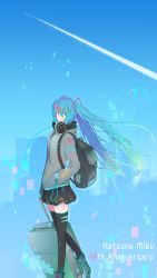 Rule 34 | 1girl, absurdres, adapted costume, anniversary, aqua eyes, aqua hair, backpack, bag, black skirt, black thighhighs, blue sky, boots, cable, carrying over shoulder, character name, cityscape, commentary, contrail, digital dissolve, expressionless, feet out of frame, from side, hair ornament, hand in pocket, hatsune miku, headphones, headphones around neck, highres, holding, hood, hooded jacket, jacket, long hair, looking to the side, luggage, outdoors, right koma dog, rolling suitcase, skirt, sky, solo, suitcase, thighhighs, twintails, very long hair, vocaloid, walking, zettai ryouiki