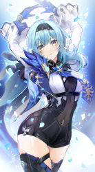 Rule 34 | 1girl, arms up, blue gloves, blue hair, blue necktie, blunt bangs, bodystocking, boots, breasts, cape, center opening, covered navel, cowboy shot, dancing, eula (genshin impact), feathers, genshin impact, gloves, hairband, half-closed eyes, highres, hip focus, leotard, looking at viewer, matori (penguin batake), medium breasts, medium hair, necktie, parted lips, skindentation, solo, sparkle, thick thighs, thigh boots, thigh strap, thighhighs, thighs, vambraces, weapon, wide sleeves, yellow eyes