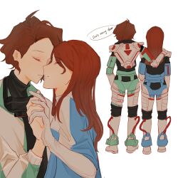 Rule 34 | 2girls, animification, apex legends, ashleigh reid, black shirt, blue dress, brown hair, cable, closed eyes, doggycene, dress, english text, gloves, hand on another&#039;s shoulder, highres, holding hands, horizon (apex legends), imminent kiss, jacket, long hair, multiple girls, shirt, short hair, speech bubble, white gloves, white jacket, yuri