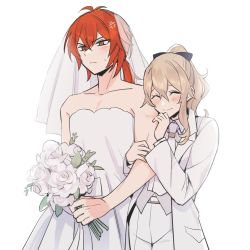 Rule 34 | 1boy, 1girl, alternate costume, anger vein, blonde hair, blush, bouquet, bow, bridal veil, closed eyes, closed mouth, commentary, crossdressing, diluc (genshin impact), dress, flower, genshin impact, hair between eyes, hair bow, hetero, holding, holding bouquet, jean (genshin impact), long hair, long sleeves, pants, red eyes, red hair, role reversal, rome romedo, simple background, smile, symbol-only commentary, veil, wedding dress, white background, white dress, white flower, white pants