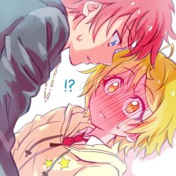 Rule 34 | !?, 10s, 1boy, 1girl, ahoge, blonde hair, blue eyes, blush, face-to-face, full-face blush, hariham harry, hugtto! precure, jacket, jewelry, kagayaki homare, kyoutsuugengo, l&#039;avenir academy school uniform, long sleeves, looking at another, necklace, precure, red hair, school uniform, short hair, star (symbol), sweatdrop, yellow eyes
