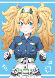 Rule 34 | 1girl, :&gt;, blonde hair, blue background, blue eyes, blue shirt, breast pocket, breasts, clenched hand, collared shirt, commentary request, doyagao, gambier bay (kancolle), gloves, hairband, highres, kantai collection, large breasts, long hair, multicolored clothes, multicolored gloves, multicolored hairband, pocket, shirt, smug, solo, t2r, twintails, two-tone background, upper body