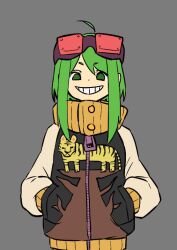 Rule 34 | 1girl, ahoge, alternate design, commentary request, goggles, goggles on head, green eyes, green hair, grey background, grin, gumi, hands in pockets, jacket, long sleeves, looking at viewer, no pupils, red-tinted eyewear, short eyebrows, short hair with long locks, simple background, smile, solo, sukajan, tinted eyewear, v-shaped eyebrows, vocaloid, ym yoshiya, zipper, zipper pull tab