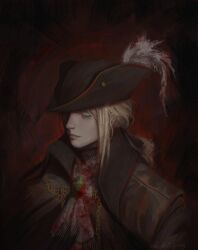 Rule 34 | 1girl, absurdres, ascot, black coat, black pants, blood, blood on clothes, blood stain, bloodborne, boots, coat, double-blade, gem, hat, hat feather, highres, lady maria of the astral clocktower, long hair, looking at viewer, pants, ponytail, rakuyo (bloodborne), solo, tricorne, valdotpng