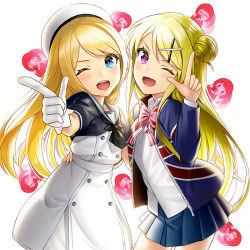 Rule 34 | 2girls, black sailor collar, blonde hair, blue eyes, blue jacket, blue skirt, commentary request, crossover, dress, gloves, hair ornament, hat, jacket, jervis (kancolle), kantai collection, kin-iro mosaic, kujou karen, long hair, long sleeves, multiple girls, one eye closed, oomiya shinobu, open clothes, open jacket, open mouth, pleated skirt, purple eyes, sailor collar, sailor dress, short sleeves, skirt, smile, touyama nao, union jack, unowen, voice actor connection, white background, white gloves, white hat, x hair ornament