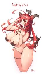Rule 34 | 1girl, bad id, bad pixiv id, bare shoulders, belly, black panties, bow, bow panties, breasts, demon girl, destiny child, eyepatch, glowing, glowing eye, hades (destiny child), harry (dudwofla), highres, horns, large breasts, long hair, looking at viewer, navel, panties, parted lips, pasties, red eyes, red hair, solo, star pasties, thick thighs, thighs, tongue, underwear, wings