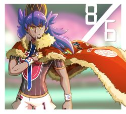 Rule 34 | 1boy, argyle, baseball cap, border, bright pupils, cape, champion uniform, closed mouth, commentary request, creatures (company), dark-skinned male, dark skin, dynamax band, facial hair, floating cape, fur-trimmed cape, fur trim, game freak, gloves, hand up, hat, highres, hyoe (hachiechi), leon (pokemon), long hair, looking at viewer, male focus, nintendo, pokemon, pokemon swsh, purple hair, red cape, shield print, shirt, short sleeves, shorts, single glove, smile, solo, sword print, white border, white pupils, white shorts, yellow eyes