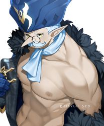 Rule 34 | 1boy, absurdres, alternate body size, artist name, blue gloves, facial hair, genshin impact, glasses, gloves, hat, highres, keiryuu seo, long nose, looking at viewer, male focus, muscular, muscular male, mustache, navel, nipples, old, old man, pointy ears, pulcinella (genshin impact), solo, white background, white hair, yellow eyes