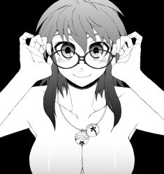 Rule 34 | 1girl, adjusting eyewear, breasts, cleavage, female focus, glasses, greyscale, kusanagi tonbo, large breasts, monochrome, original, out-of-frame censoring, solo, topless frame, upper body