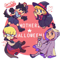 Rule 34 | 1girl, 3boys, belt, black belt, black cape, black dress, black hair, black pants, black shirt, blonde hair, blue eyes, bow, bowl cut, cape, dress, fang, freckles, gao, ghost costume, glasses, halloween, hat, hat bow, holding, jeff andonuts, mother (game), mother 2, multiple boys, mushroom, ness (mother 2), nintendo, open mouth, pants, pantyhose, paula (mother 2), poo (mother 2), red bow, red pantyhose, shirt, short hair, smile, sparkle, speech bubble, tail, ukata, vampire costume, werewolf costume, witch, witch hat, wolf girl, wolf tail