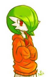 Rule 34 | 1girl, 2016, blush, creatures (company), dated, female focus, game freak, gardevoir, gen 3 pokemon, green hair, hair over one eye, hands up, hood, hoodie, long sleeves, nintendo, orange hoodie, pokemon, pokemon (creature), pokemon rse, rakkuguy, red eyes, short hair, signature, simple background, sleeves past wrists, smile, solo, standing, text focus, white background