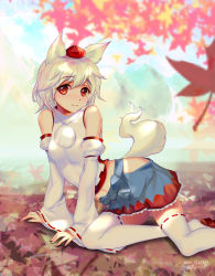 Rule 34 | 1girl, :3, animal ears, arm support, autumn leaves, bare shoulders, blue skirt, blue sky, blush, breasts, cloud, commentary, day, detached sleeves, fang, fang out, feet out of frame, hat, highres, hip vent, inubashiri momiji, long sleeves, looking at viewer, miniskirt, mountain, navel, nose blush, outdoors, petticoat, pom pom (clothes), red eyes, red footwear, ribbon-trimmed legwear, ribbon-trimmed sleeves, ribbon trim, sandals, shadow, shirt, short hair, signature, silver hair, skirt, sky, small breasts, smile, solo, tail, thighhighs, thighs, tokin hat, touhou, water, waterfall, white shirt, white thighhighs, wide sleeves, wolf ears, wolf tail, xiumu bianzhou