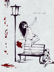 Rule 34 | 1other, 2girls, barefoot, bench, bouquet, commentary request, dress, english text, flower, highres, holding, holding bouquet, implied death, lamppost, long hair, looking at viewer, monochrome, multiple girls, nomura kitan, open mouth, original, petals, red flower, red rose, rose, sketch, smile, spot color, standing, standing on one leg