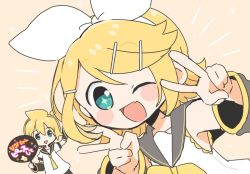 Rule 34 | 1boy, 1girl, aqua eyes, ascot, bare shoulders, blonde hair, blush, bow, chibi, detached sleeves, double v, fang, hair bow, hair ornament, hairclip, headset, holding, holding sign, kagamine len, kagamine rin, najo, necktie, one eye closed, open mouth, sailor collar, shirt, short ponytail, sign, skin fang, sleeveless, sleeveless shirt, smile, triangle mouth, v, vocaloid, yellow necktie