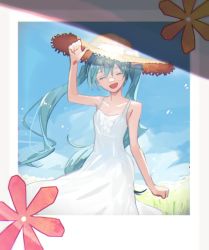 Rule 34 | 1girl, adjusting clothes, adjusting headwear, aqua eyes, aqua hair, blue sky, collarbone, commentary, cowboy shot, dress, closed eyes, facing viewer, field, flower, hand up, hat, hatsune miku, highres, kimi no taion (vocaloid), long hair, open mouth, outdoors, photo (object), sky, smile, solo, soyaka, spaghetti strap, standing, straw hat, sun hat, sundress, twintails, very long hair, vocaloid, white dress