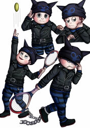 Rule 34 | 1boy, :3, arm up, ball, beanie, belt, belt buckle, black belt, black eyes, black footwear, black hat, black pants, black sleeves, blue pants, blush stickers, bored, brown hair, buckle, buttons, cigarette, clacker, closed mouth, commentary, cropped legs, cropped torso, cuffs, danganronpa (series), danganronpa v3: killing harmony, english commentary, full body, half-closed eyes, hand on headwear, hand on own cheek, hand on own face, hand on own head, happy, hat, holding tennis racket, horned hat, hoshi ryoma, jacket, ktokei (kurokku-tokei), layered sleeves, leather, leather jacket, long sleeves, male focus, motion lines, mouth hold, multiple views, open mouth, pants, pocket, shackles, shoes, short hair, simple background, single ankle cuff, sleeves past wrists, smile, striped clothes, striped pants, studded belt, teeth, tennis ball, throwing, upper teeth only, v-shaped eyes, wavy mouth, white background, zipper