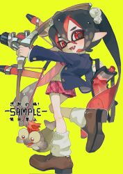 Rule 34 | 1girl, :d, backpack, bag, black hair, blue jacket, blush, bow (weapon), brown footwear, brown sweater vest, buttons, commentary request, fangs, flower, green background, hair between eyes, hair flower, hair ornament, highres, holding, holding bow (weapon), holding weapon, inkling, inkling girl, inkling player character, jacket, leg up, long hair, long sleeves, looking at viewer, looking back, loose socks, miniskirt, multicolored hair, nintendo, open clothes, open jacket, open mouth, p-pepper, plaid, plaid skirt, pleated skirt, pointy ears, red eyes, red hair, red skirt, sample watermark, school uniform, shirt, shoes, sidelocks, simple background, skirt, smallfry (splatoon), smile, socks, solo, splatoon (series), streaked hair, sweater vest, teeth, tentacle hair, tri-stringer (splatoon), twintails, watermark, weapon, white flower, white shirt, white socks