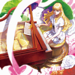 Rule 34 | blonde hair, dress, flower, from above, glass, grand piano, green eyes, instrument, long hair, looking up, music box, piano, see-through, sheet music, sitting, solo, tohru k