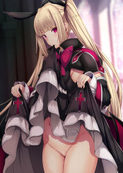 Rule 34 | 1girl, black bow, black ribbon, blazblue, blonde hair, blunt bangs, blush, bottomless, bow, bowtie, breasts, censored, commentary request, daiaru, detached sleeves, dress, eyes visible through hair, frilled dress, frilled sleeves, frills, gothic lolita, hair bow, highres, large bow, lifted by self, lolita fashion, long hair, mosaic censoring, navel, pussy, rachel alucard, red bow, red eyes, ribbon, slit pupils, small breasts, smile, solo, twintails, very long hair, wide sleeves