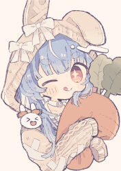 Rule 34 | &gt; &lt;, + +, 1girl, alternate hairstyle, blue hair, blush, brown background, carrot, carrot-shaped pillow, carrot hair ornament, commentary, cropped torso, food-themed hair ornament, hair ornament, highres, holding, holding pillow, hololive, hood, hooded sweater, kanato345, knit sweater, light blue hair, long hair, looking at viewer, one eye closed, pillow, red eyes, simple background, sleeves past fingers, sleeves past wrists, solo, sweater, thick eyebrows, usada pekora, virtual youtuber
