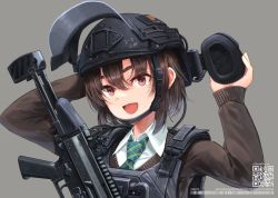 Rule 34 | 1girl, :d, arm behind head, arm up, black headwear, blue necktie, brown hair, brown sweater, collared shirt, dreadtie, ear protection, eyebrows hidden by hair, grey background, gun, hair between eyes, hand up, helmet, highres, long sleeves, looking at viewer, necktie, open mouth, original, qr code, red eyes, shirt, simple background, sleeves past wrists, smile, solo, sweater, thick eyebrows, twitter username, upper body, weapon, weapon request, white shirt