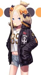 Rule 34 | 1girl, abigail williams (fate), abigail williams (traveling outfit) (fate), absurdres, black bow, black jacket, blonde hair, blue eyes, blue shorts, blush, bow, blowing bubbles, chewing gum, clothes writing, commentary request, cowboy shot, crossed bandaids, cutoffs, denim, fate/grand order, fate (series), groin, hair bow, hair bun, hands in pockets, heroic spirit traveling outfit, highres, jacket, jewelry, long hair, long sleeves, looking at viewer, midriff, navel, official alternate costume, open clothes, open jacket, orange bow, parted bangs, pendant, polka dot, polka dot bow, sanpeita, shirt, short shorts, shorts, single hair bun, sleeves past fingers, sleeves past wrists, solo, very long hair, white background, white shirt
