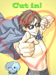 Rule 34 | 10s, 1boy, bluez, bow, bowtie, brown hair, collar, dog, english text, fangs, graphite (medium), grin, heart, jacket, jacket on shoulders, male focus, pointing, pointing at viewer, romero (zombie land saga), topless male, short hair, simple background, smile, solo, sunglasses, tatsumi koutarou, traditional media, yellow background, zombie, zombie land saga